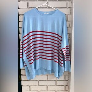Mersea Amour Sweater Tide Blue w/ Cherry Red Stripes One Size Heart Elbow Patch